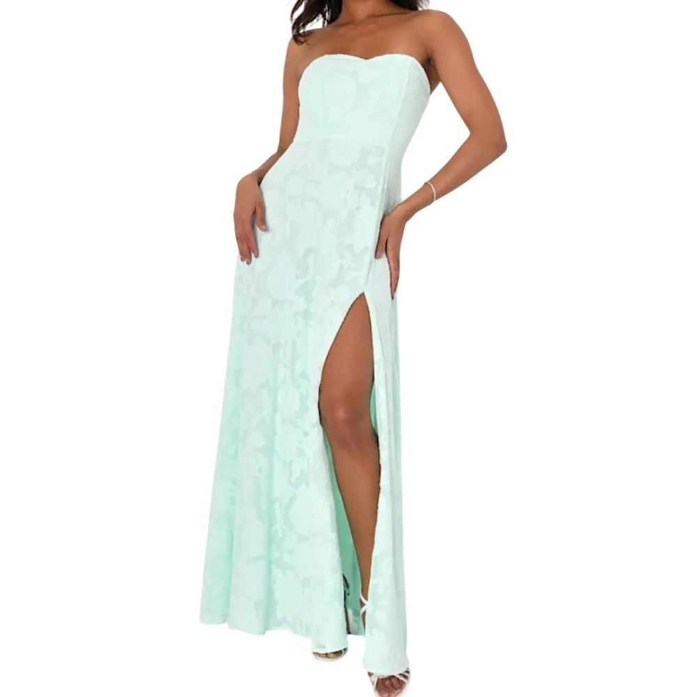 Lulus Garden of Romance Mint Green Floral Burnout Strapless Maxi Dress XS Formal